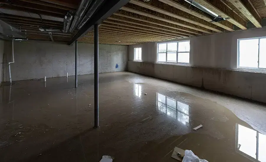 Flooded unfinished basement with water across the slab in Everett