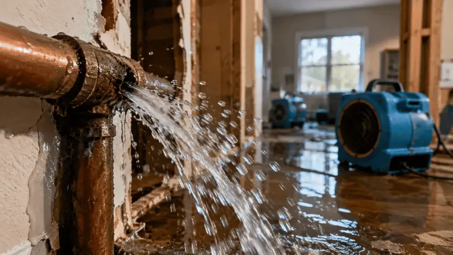 Water spraying from a burst copper supply pipe inside an opened Everett wall
