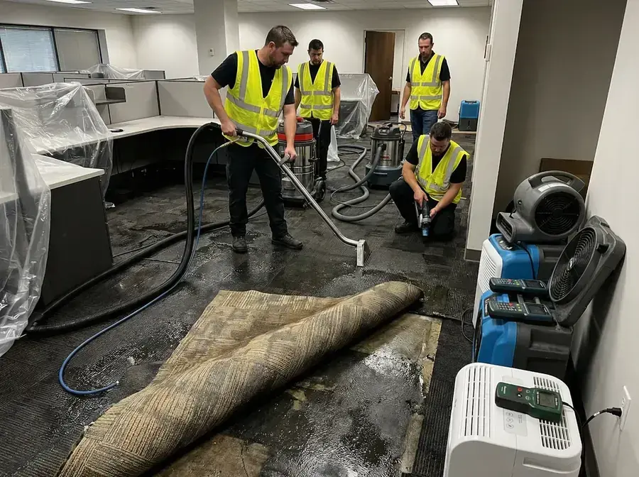 Crew extracting water from carpet in an Everett office after a leak