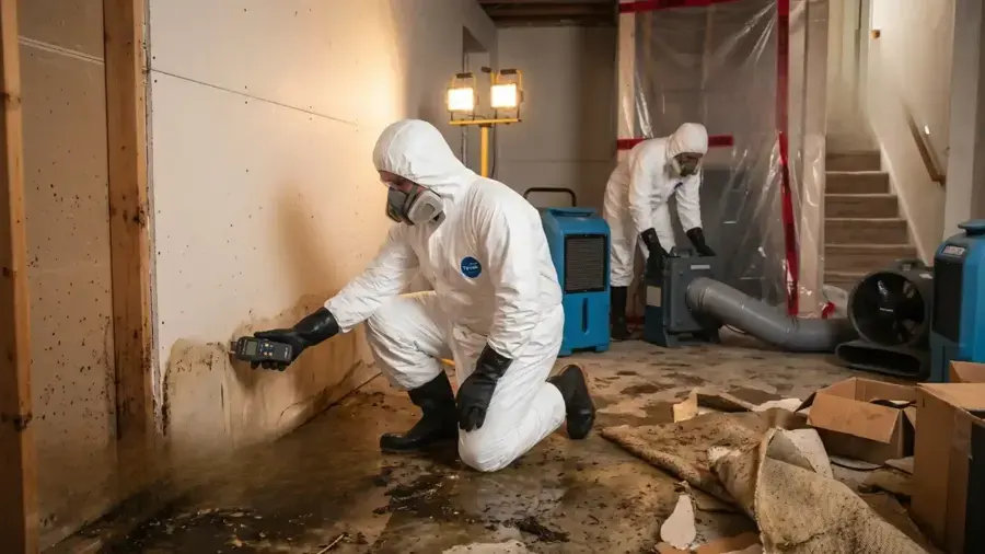 Technicians in protective suits and respirators cleaning a sewage backup in Everett