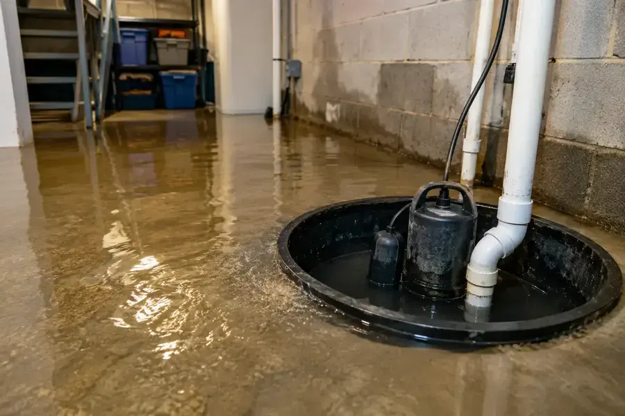 Water overflowing a sump basin across a basement floor in Everett