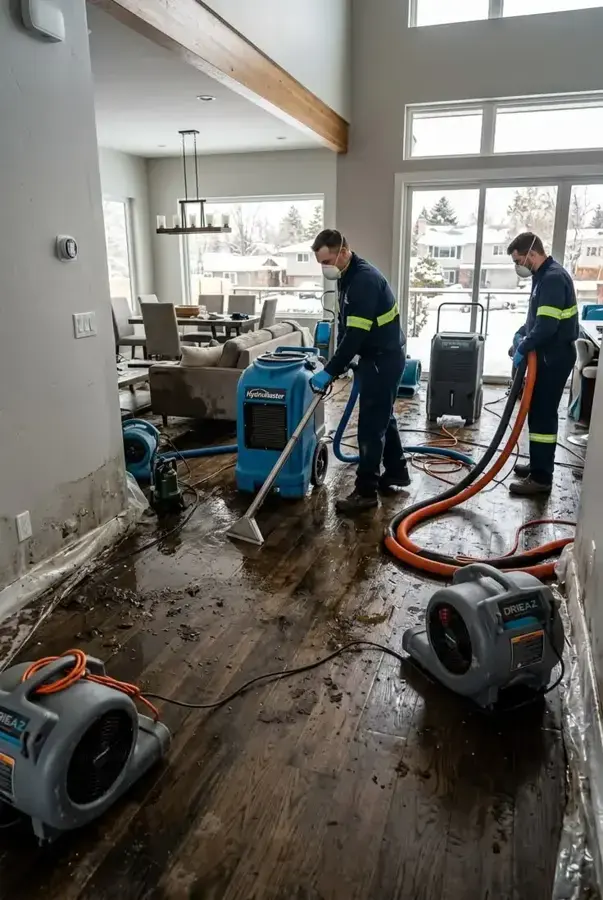 Extraction crew pulling standing water off a hardwood floor in an Everett home